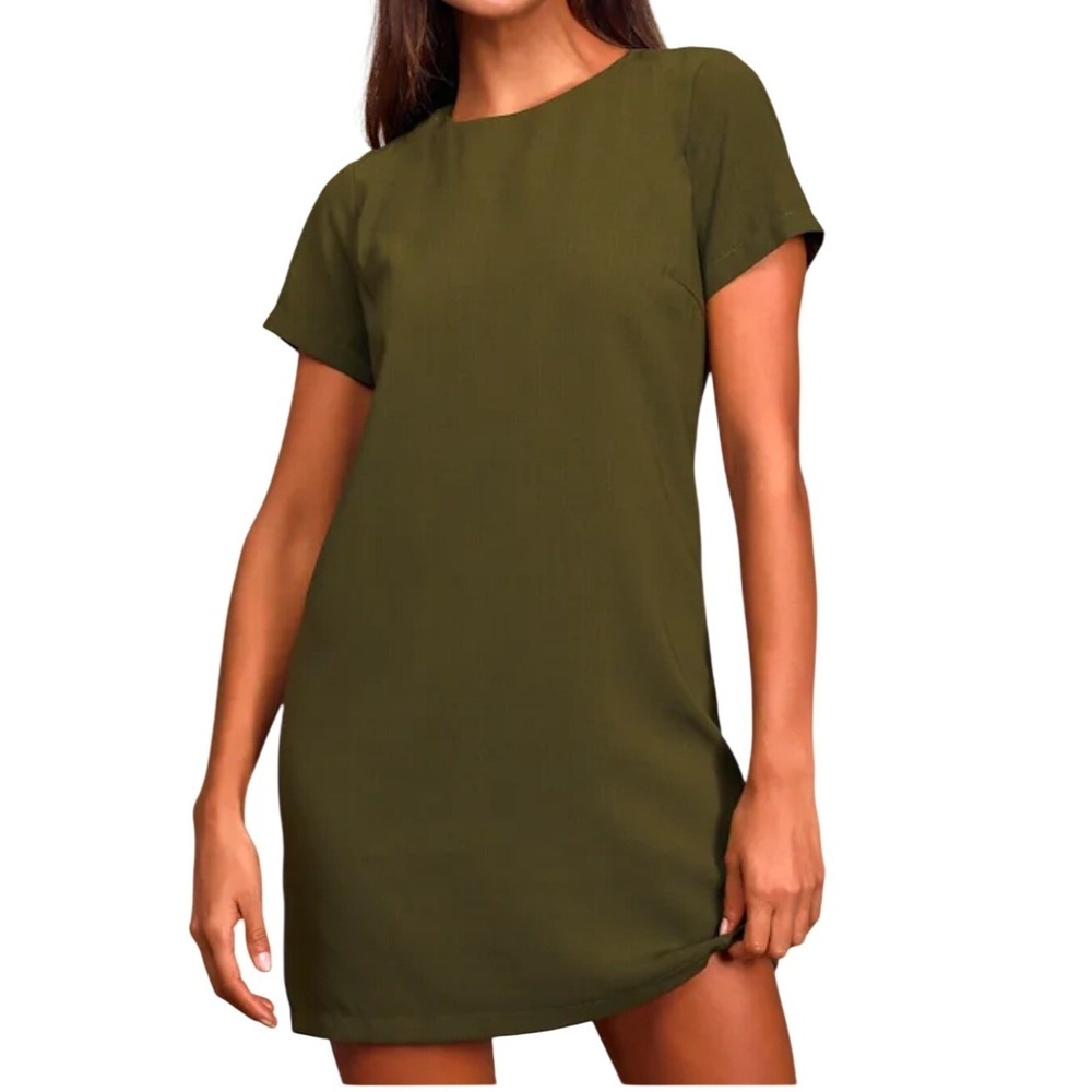 NWT Lulus Shift‎ and Shout Olive Green Short Sleeve Mini Shift Dress M Party Mod